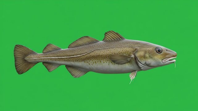 Atlantic Cod Fish: A detailed view of an Atlantic cod, showcasing its characteristic features against a vibrant green background.