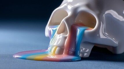 White skull with rainbow liquid dripping, creative expression, artistic concept, vibrant colors, modern art.
