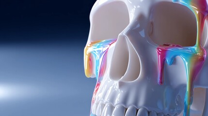 A white human skull with colorful paint dripping, artistic expression, creative art concept, abstract human anatomy, and symbolism of life and death.