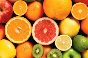 Fototapeta premium Vibrant display of fresh fruits featuring citrus favorites, apples, and kiwi, showcasing a rainbow of healthy food with natural textures, perfect for dietary concepts and wellness themes.