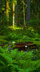 Lush green ferns and wildflowers fill the forest floor