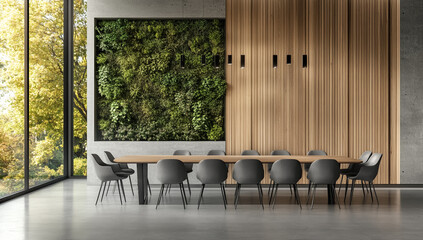 Stylish dining space featuring concrete textures, wood panels, and wall greenery