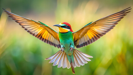 Bee Eater Flying with Spread Wings and Colorful Blurred Background