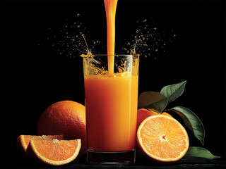 Pouring orange juice into a glass on dark background with some fresh oranges.