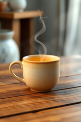 Hot beverage breakfast: white cups of coffee and tea with spoons on a brown wooden table