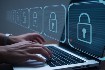 Hands typing on laptop keyboard, multiple digital lock icons hover above, signifying data security and online privacy.