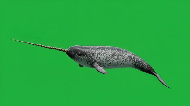 Mystical Narwhal: A captivating view of a narwhal gracefully gliding through the water, Its prominent tusk a beacon of uniqueness against a vibrant green background.