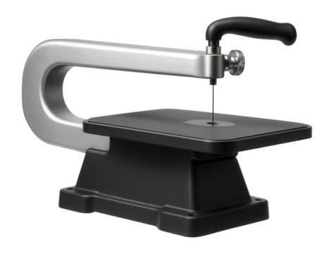 Benchtop scroll saw with a cast iron base for stability in a woodworking studio.