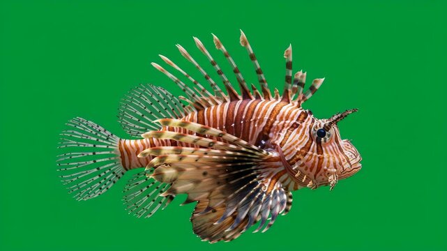 Lionfish Portrait: A vibrant lionfish with intricate patterns and long, elegant fins, isolated against a chroma key green background. 