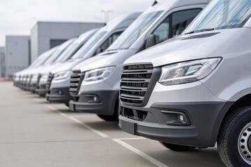 A row of new identical silver commercial cargo vans, parked in a lot outside a building, awaiting delivery or assignment.