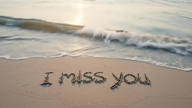 Wave crashes onto the text "I miss you" written in the sand  