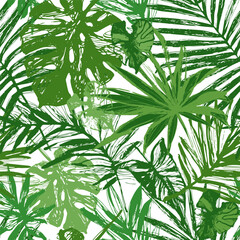 Hand drawn tropical leaves background in greenery colors. Green palm monstera leaf seamless pattern. Summer vector illustration for art paper, fabric design, swimwear, wallpaper