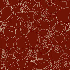 Beautiful orchids line art seamless pattern. Exotic flowers drawing on simple background. Continuous line drawing of tropical orchids. Hand drawn vector floral illustration