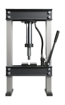 Hydraulic press with a H-frame design, used in a heavy equipment maintenance facility.