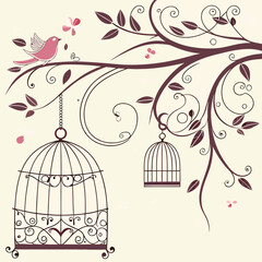 Charming bird perched on a branch with decorative cages and transparent background