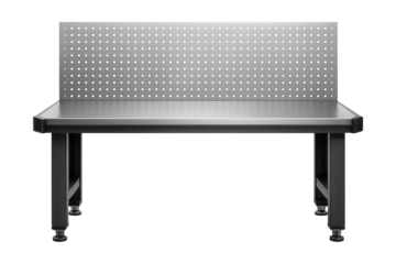 Workbench with a perforated steel back panel for tool hanging, designed for a machine assembly line.