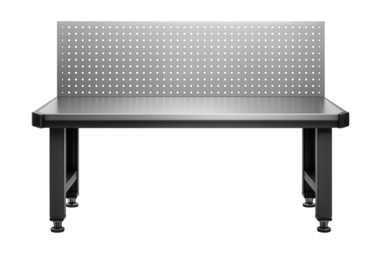Workbench with a perforated steel back panel for tool hanging, designed for a machine assembly line.