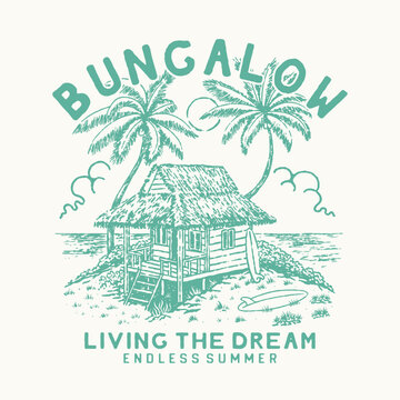 bungalow illustration beach graphic summer design tropical badge surf vintage palm