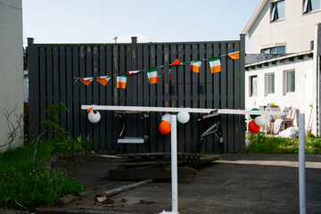 Irish celebration decorations in an outdoor area in Akranes, Iceland