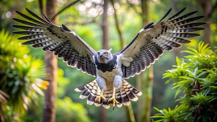 Harpy Eagle Flying with Spread Wings and Colorful Blurred Background