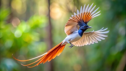 Indian Paradise Flycatcher Flying with Spread Wings and Colorful Blurred Background