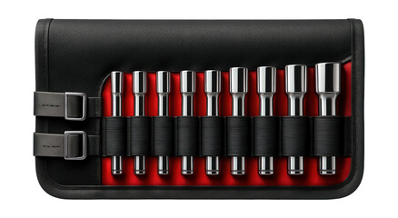 Mechanic's tool roll with elastic loops for socket wrenches in an automotive repair garage.