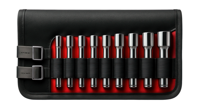 Mechanic's tool roll with elastic loops for socket wrenches in an automotive repair garage.