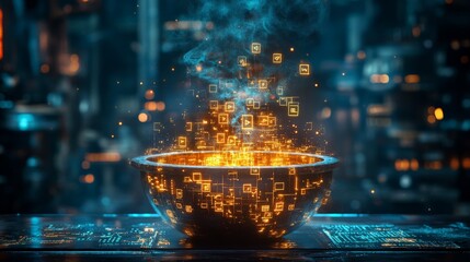 Bowl glowing with futuristic digital icons and smoke in server room