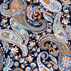 navy paisley and Indian flower motifs