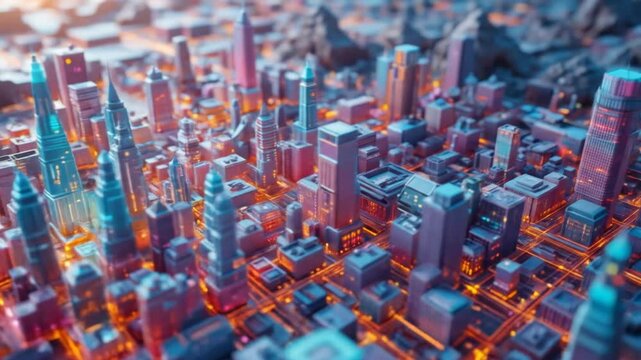 A futuristic abstract city model featuring GIS geodata mapping concepts with dynamic digital layers and intricate urban details. 4k video