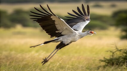 Fototapeta premium Secretary Bird Flying with Spread Wings and Colorful Blurred Background