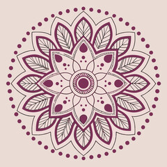 Elegant and symmetrical mandala design with floral elements in deep burgundy and black outlines.