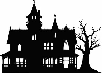 Obraz premium Haunted House Silhouette with Spooky Tree