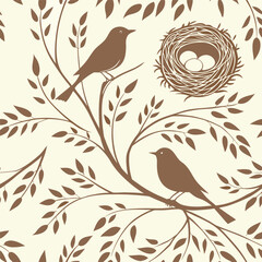 Elegant birds nesting among branches with leaves in seamless pattern design