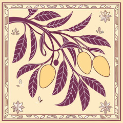 Elegant botanical illustration featuring a branch of yellow fruit with leaves and decorative border