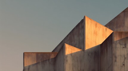 Geometric concrete architecture under sky. Modern building with sharp angles. Abstract brutalist design exterior. Dynamic lines and warm light.