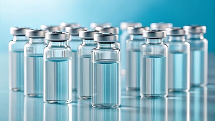 A group of clear glass vials filled with blue liquid stands ready for use