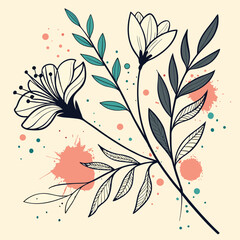 Elegant botanical illustration of flowers and foliage with watercolor splashes on neutral background