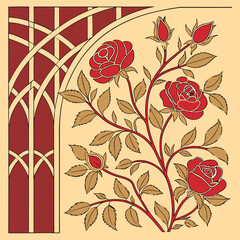 Elegant botanical illustration of red roses and foliage with decorative architectural elements on transparency.