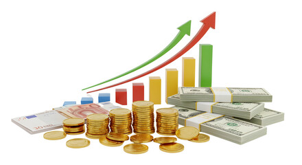 3D analytics icon showing charts coins and upward trends symbolizing finance marketing and ROI