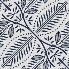 Elegant botanical seamless pattern with dark leaves on a light background for various design purposes.
