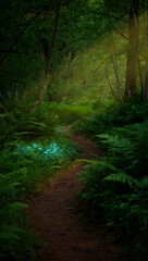 Fototapeta premium A mystical forest path winds through ferns and glowing lights
