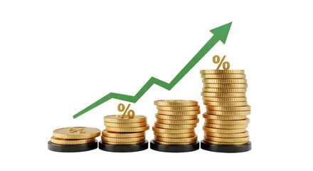  3D icon of stacked coins with green upward arrow representing profit investment or financial growth