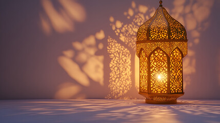 Ornate golden lantern glows, casting intricate shadows on a wall.