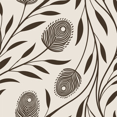 Elegant brown floral seamless pattern with stylized leaves and abstract organic decorative elements for backgrounds.