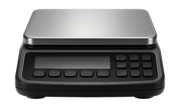Top-loading balance with a large weighing surface and keypad for quality control labs.