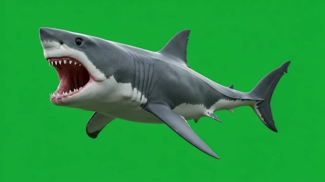 Ocean Predator: A menacing great white shark, its jaws agape, swims fiercely against a vibrant green backdrop, showcasing its raw power and predatory nature.