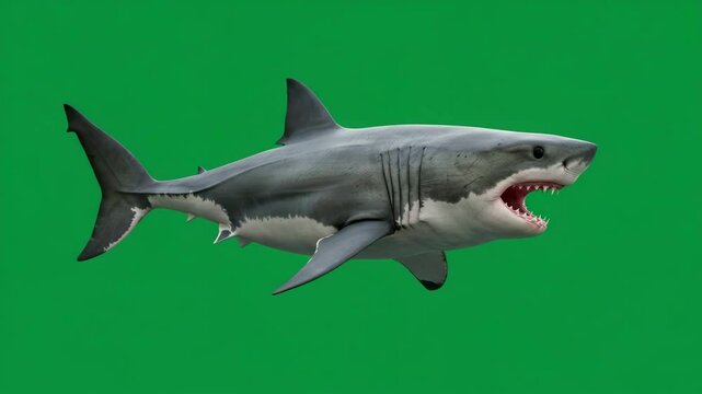 Majestic Marine Predator: A captivating studio shot of a great white shark against a vibrant green backdrop, showcasing its powerful presence and razor-sharp teeth.