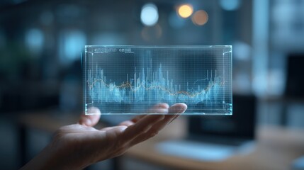 Photo of a futuristic hologram displays data analysis in a persons hand, representing innovation in business and technology with augmented reality