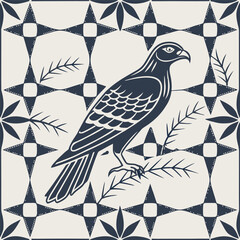 Elegant decorative illustration featuring a stylized bird within a geometric starburst pattern